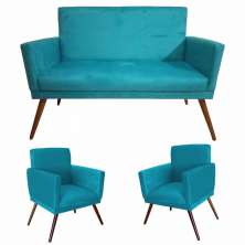 Kit Namoradeira Com 02 Poltronas Decorativa Nina Suede Azul Turquesa - DS Estofados