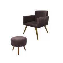 Kit Poltrona Decorativa Nina Mais Puff Redondo Suede Marrom - DS Móveis