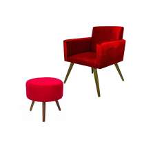 Kit Poltrona Decorativa Nina Mais Puff Redondo Suede Vermelho - DS Móveis