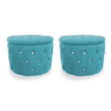 Kit Puff Redondo Classico Capitonê Suede Azul Turquesa - DS Estofados