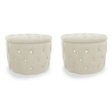 Kit Puff Redondo Classico Capitonê Suede Bege - DS Estofados