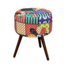 Puff Banqueta Redondo Classic Pés Tabaco Suede Patchwork - DS Estofados