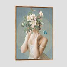 Quadro Moça E Flores Tela Moldura Bege 45X30Cm