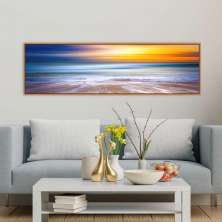 Quadro Panorâmico Mar E Sol Moldura Bege 120X35Cm