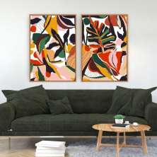 Quadro Tela Composição Arte E Folhas Moldura Bege 2X 63X42Cm