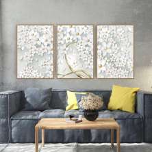 Quadro Tela Composição Árvore Branca E Dourada Tela Moldura Bege 3X 45X30Cm