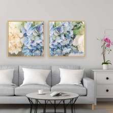 Quadro Tela Composição Hortência Moldura Bege 2X 60X60Cm