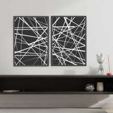 Quadro Tela Composição Multilinhas Moldura Preta 2X 63X42Cm
