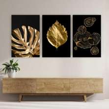 Quadro Tela Composição Preto E Dourado No Chassi 3X 45X30Cm