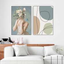 Quadros Tela Composição Mulher E Flor Moldura Branca 2X 63X42Cm