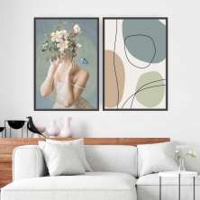 Quadros Tela Composição Mulher E Flor Moldura Preta 2X 63X42Cm