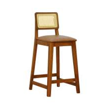 Banqueta Gabi Madeira Maciça Encosto Telinha c/ 68cm Altura - Amêndoa Assento Estofado Corano Marrom Mescla