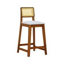 Banqueta Gabi Madeira Maciça Encosto Telinha c/ 68cm Altura - Amêndoa Assento Estofado Linho Bege