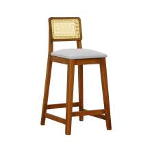 Banqueta Gabi Madeira Maciça Encosto Telinha c/ 68cm Altura - Amêndoa Assento Estofado Linho Bege Mescla Impermeável