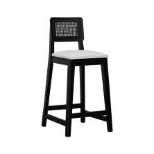 Banqueta Gabi Madeira Maciça Encosto c/ Telinha c/ 68cm Altura - Preto Assento Estofado Corano Bege