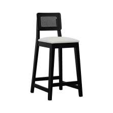 Banqueta Gabi Madeira Maciça Encosto c/ Telinha c/ 68cm Altura - Preto Assento Estofado Linho Bege