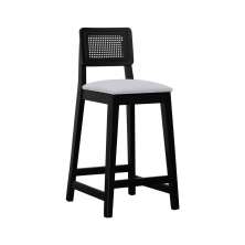 Banqueta Gabi Madeira Maciça Encosto c/ Telinha c/ 68cm Altura - Preto Assento Estofado Linho Bege Mescla Impermeável