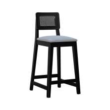 Banqueta Gabi Madeira Maciça Encosto c/ Telinha c/ 68cm Altura - Preto Assento Estofado Linho Cinza Mescla Impermeável