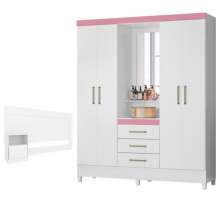 Conjunto Cabeceira e Guarda Roupa Casal Arezzo Branco Rosa