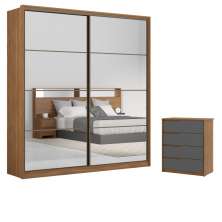 Conjunto Quarto Guarda Roupa com 2 Espelhos e Comoda Napolis Amendola Grafito