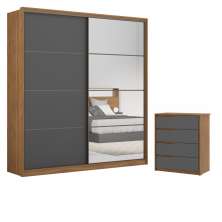 Conjunto Quarto Guarda Roupa com Espelho e Comoda Napolis Amendola Grafito