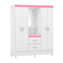 Guarda-Roupa Solteiro com Espelho Lord 4 Portas 2 Gavetas Branco e Rosa