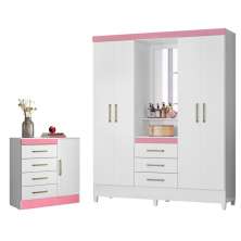Jogo de Quarto Roupeiro e Comoda Munique Branco Rosa