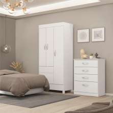 Jogo de Quarto Roupeiro e Comoda Smith Branco Rosa
