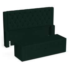 Cabeceira e Calçadeira Báu Casal Padrão Atena 140cm Capitonê Veludo Verde Escuro - Desk Design