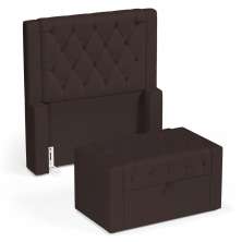 Cabeceira e Calçadeira Báu Solteiro Atena 90cm Capitonê Suede Marrom - Desk Design