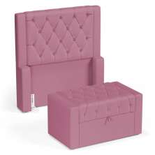 Cabeceira e Calçadeira Báu Solteiro Atena 90cm Capitonê Suede Rosa - Desk Design