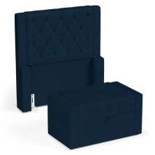 Cabeceira e Calçadeira Báu Solteiro Atena 90cm Capitonê Veludo Azul Marinho - Desk Design