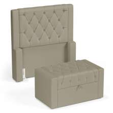Cabeceira e Calçadeira Báu Solteiro Atena 90cm Capitonê Veludo Bege - Desk Design