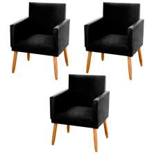 Kit 03 Poltronas Decorativas Lauren Pés Palito Suede Preto - Desk Design