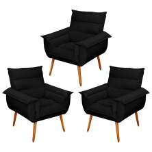 Kit 03 Poltronas Decorativas Modernas Sala e Recepção Monza Pés Palito Suede Preto - Desk Design