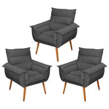 Kit 03 Poltronas Decorativas Modernas Sala e Recepção Monza Pés Palito Veludo Cinza - Desk Design