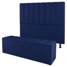 Kit Cabeceira e Baú Cama Box Solteiro Cora 90cm Suede Azul Marinho - Desk Design