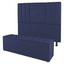 Kit Cabeceira e Baú Cama Box Solteiro Grace 90cm Suede Azul Marinho - Desk Design