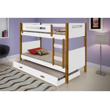 Beliche Heloisa Branco/Mel com Escada e Grade de Proteção com Cama Auxíliar com 3 colchões