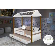 Cama Casa Sara Branca com Cordão de Luzes LED e Cama Auxiliar