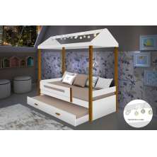 Cama Casa Sara Branca com Cordão de Luzes LED e Cama Auxiliar com 2 colchões