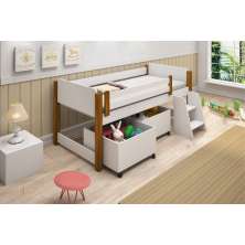 Cama Infantil Alta Mary com Nichos para Brinquedos e Colchão