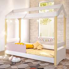 Cama Jéssica Solteiro Branco/Rosê com LED e Colchão