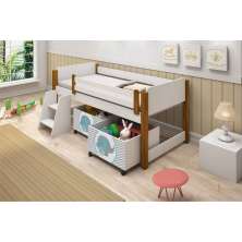 Cama Juvenil Paty Branco com Mel com Baú Adesivado Filhote Azul