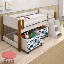 Cama Naty Branco/Mel Com 2 Nichos Adesivadas Azul  E Escadinha