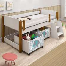 Cama Naty Branco/Mel Com 2 Nichos Adesivadas Filhote Verde  E Escadinha