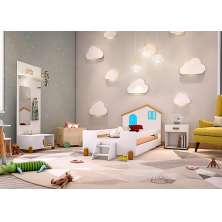 Cama Solteiro Casinha Belíssima Branca e Azul com 2 Luminárias e Colchão Divaloto