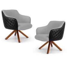 Kit 02 Poltronas Decorativas Jade Base Giromad C-315 Corano Tressê Linho Cinza Claro - Domi