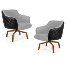 Kit 02 Poltronas Decorativas Jade Base Ka Giratória C-315 Corano Tressê Linho Cinza Claro - Domi