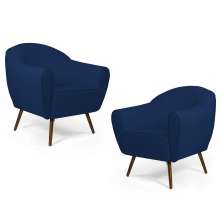 Kit 02 Poltronas Decorativas Nina Pés Palito Madeira B-304 Veludo Azul Marinho - Domi